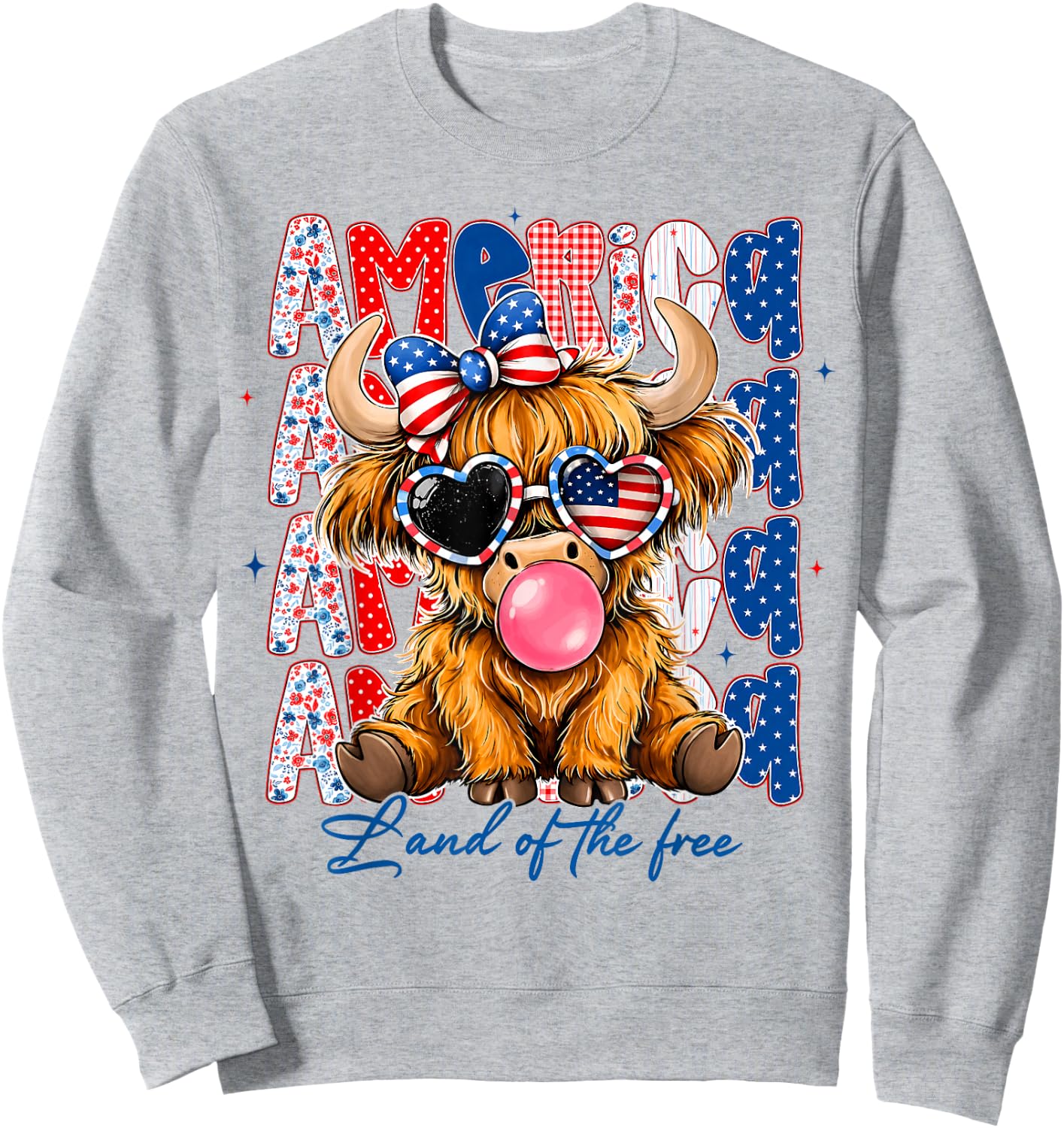 America 1776-2026 Land of The Free Highland Cow 4th of July Sweatshirt - Sweatshirt | Ash