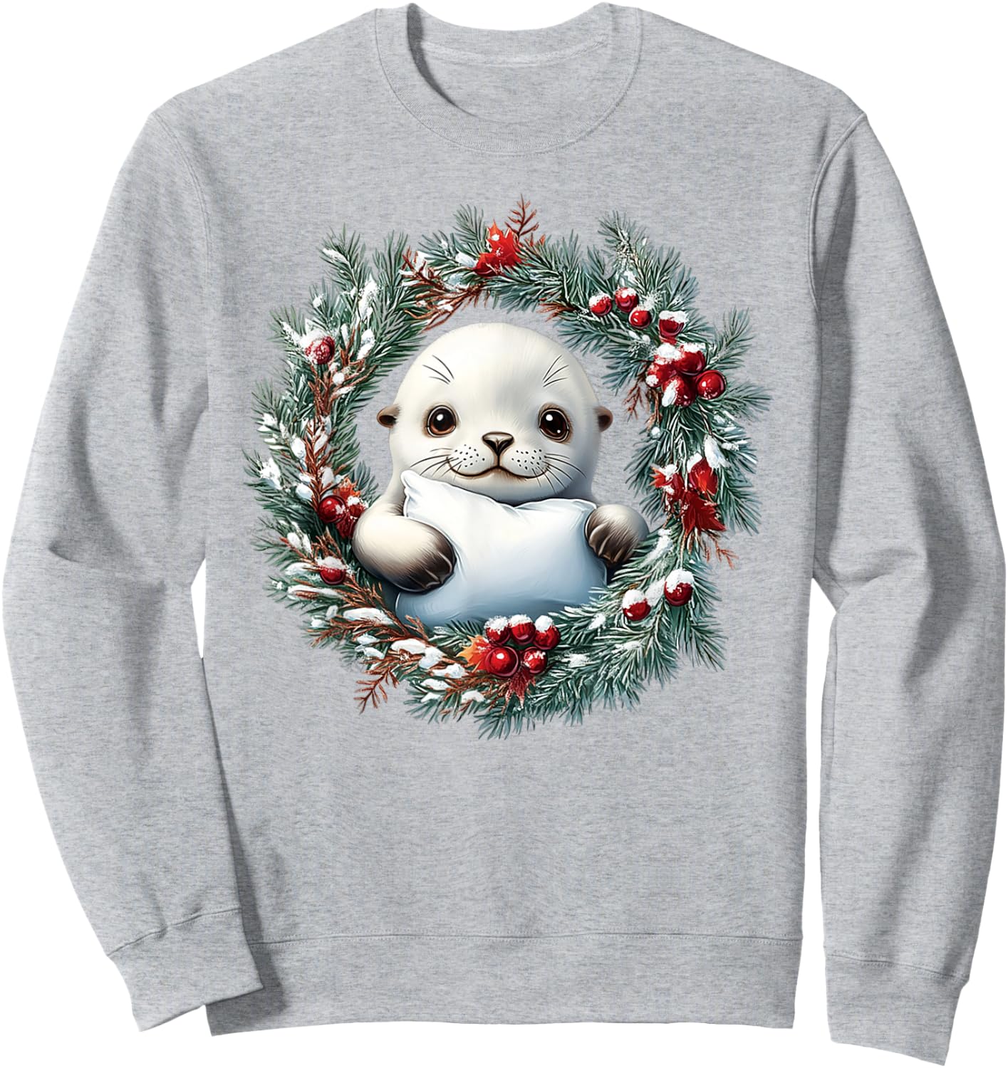 A Happy Baby Harp Seal In A Christmas Wreath With A Red Bow Sweatshirt - Sweatshirt | Ash