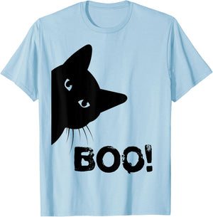 Boo! | Funny Hiding Peekaboo Scary Halloween Cat T-Shirt - T-Shirt | Light Blue