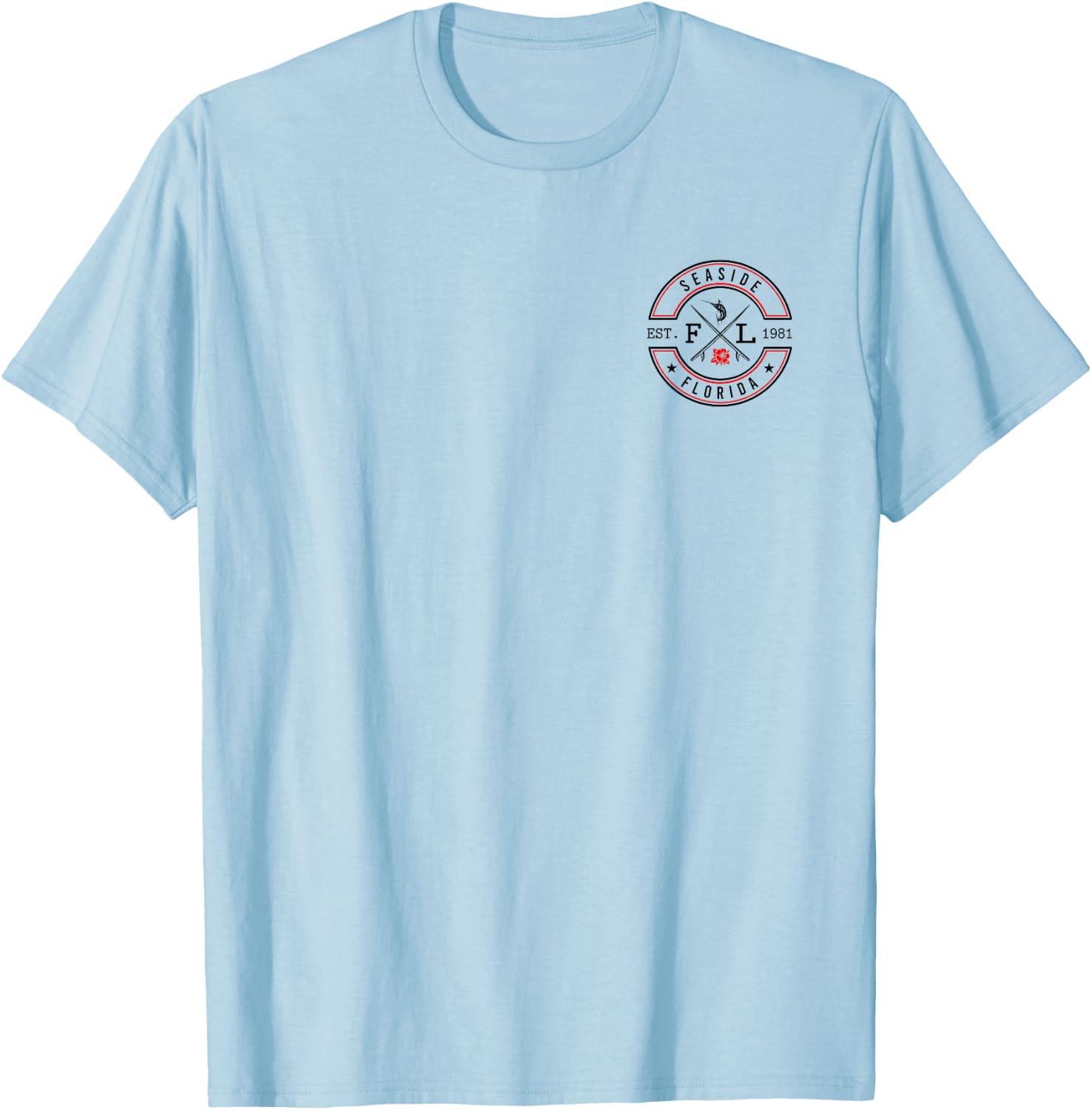 Seaside Florida FL Retro Surfer Beach Front & Back Men Women T-Shirt - T-Shirt | Light Blue