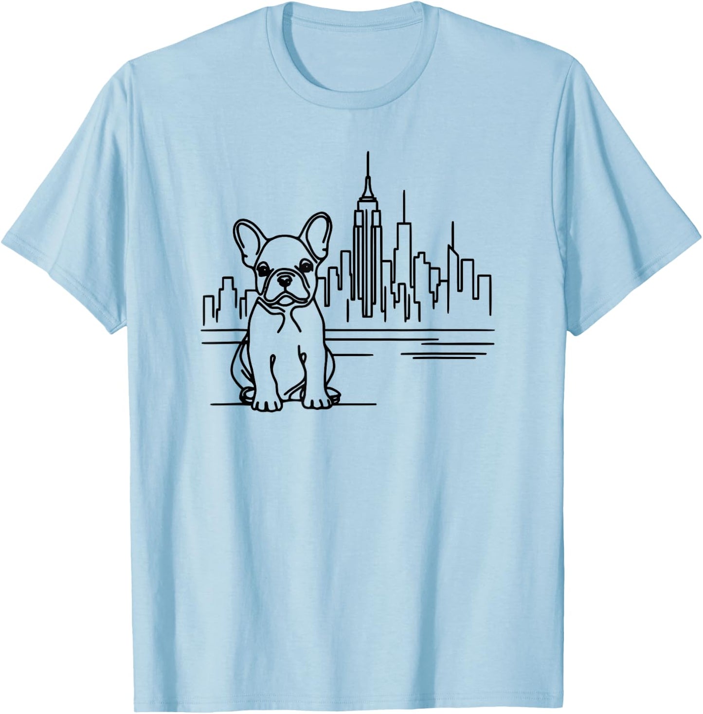 French Bulldog in New York City line art, dog in NYC skyline Men Women Kids T-Shirt - T-Shirt | Light Blue