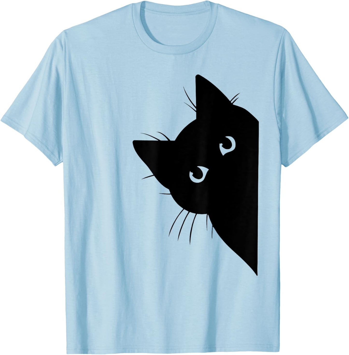Curious Black Cat Peeking, Funny Sneaky Cat, Cat Mom Cat Dad T-Shirt - T-Shirt | Light Blue