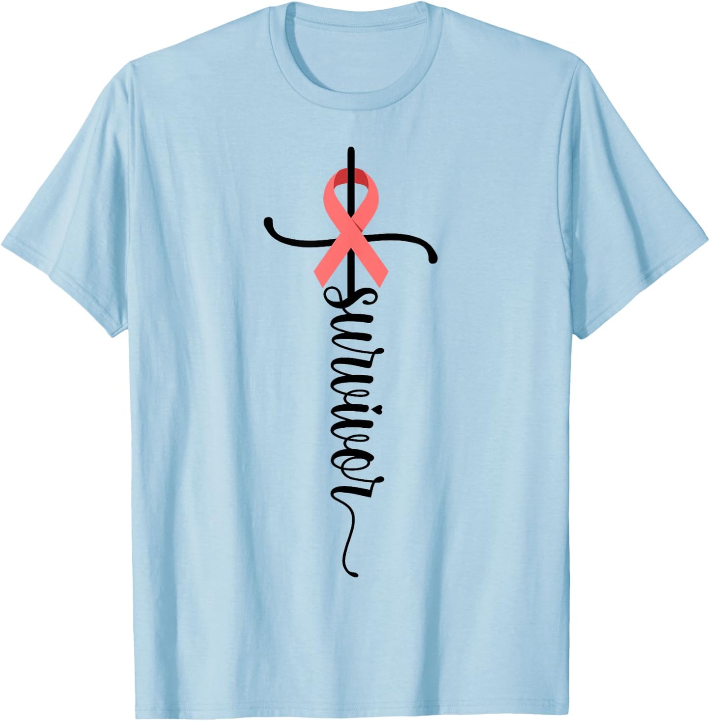 Survivor Christian Cross Warrior Peach Ribbon Uterine Cancer T-Shirt - T-Shirt | Light Blue