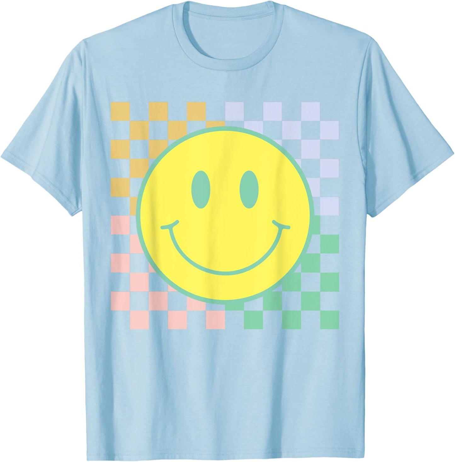 Retro Happy Face Shirt Checkered Pattern Smile Face Trendy T-Shirt - T-Shirt | Light Blue