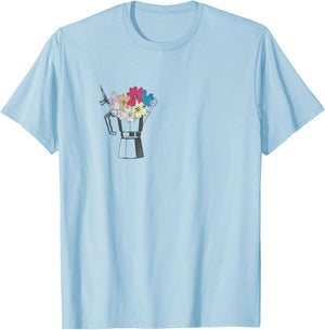 Vintage Coffee Maker Moka Pot with Flowers Coffee Moka T-Shirt - T-Shirt | Light Blue