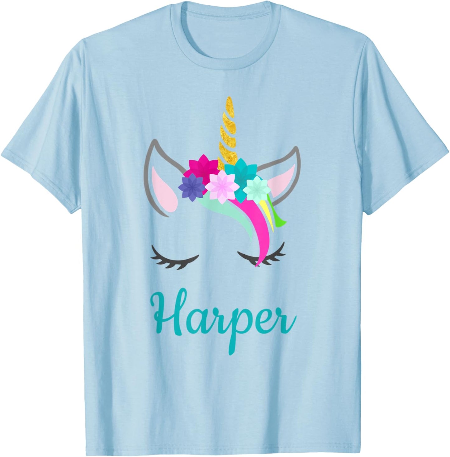 Harper Rainbow Unicorn Name T-Shirt - T-Shirt | Light Blue