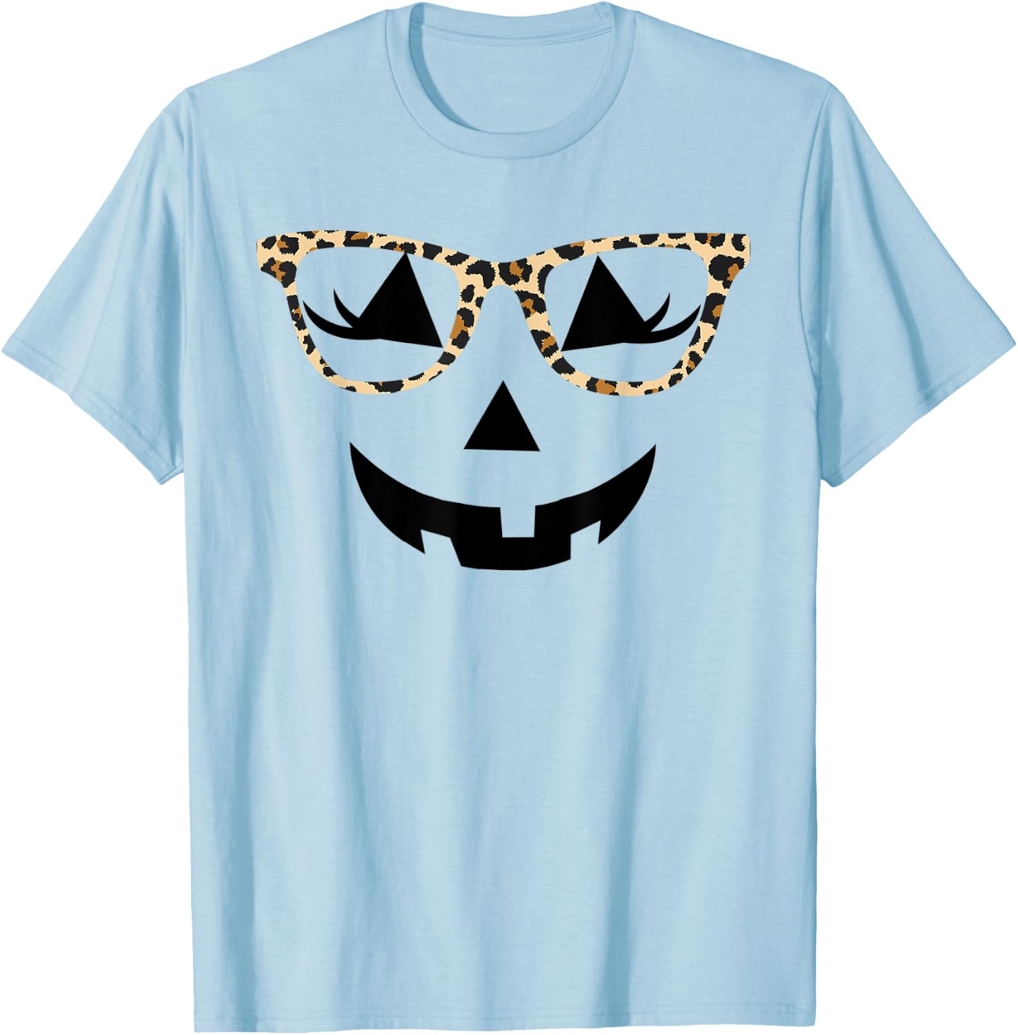 Jack o Lantern Women Face Leopard Glasses Halloween Pumpkin T-Shirt - T-Shirt | Light Blue