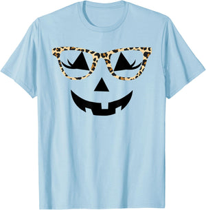 Jack o Lantern Women Face Leopard Glasses Halloween Pumpkin T-Shirt - T-Shirt | Light Blue