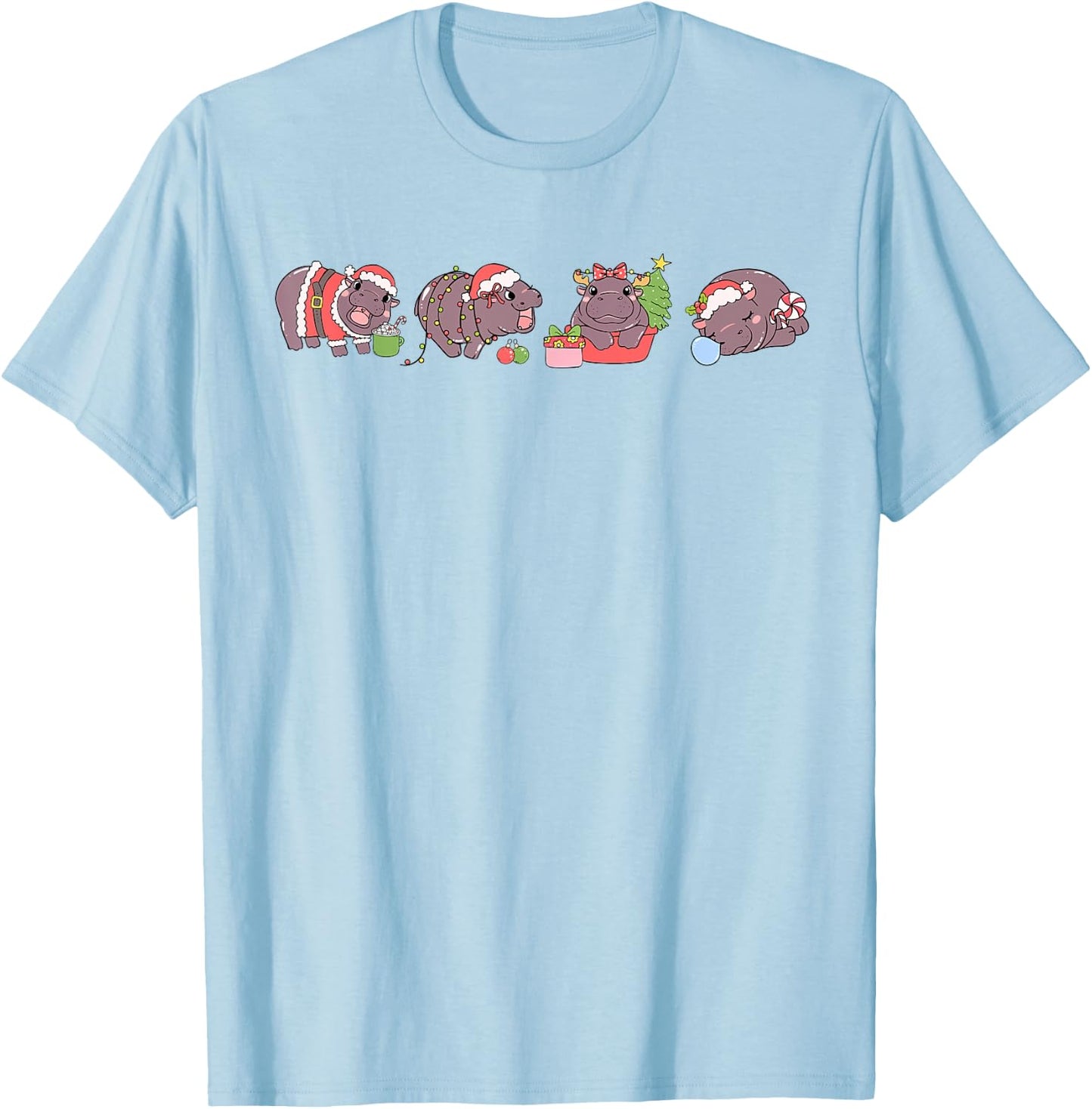 Moo Deng Christmas Pygmy Hippo Hippopotamus Coquette Holiday T-Shirt - T-Shirt | Light Blue
