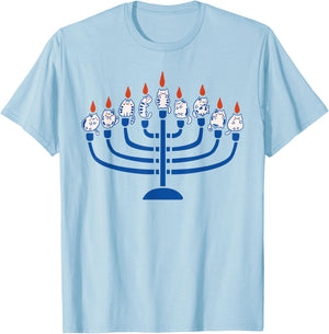 Hanukkah Menorah Cat Happy Hanukcat Funny Jewish Chanukah T-Shirt - T-Shirt | Light Blue
