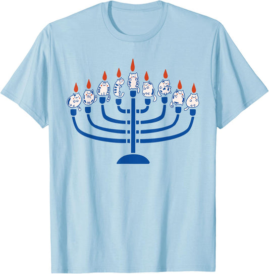 Hanukkah Menorah Cat Happy Hanukcat Funny Jewish Chanukah T-Shirt - T-Shirt | Light Blue