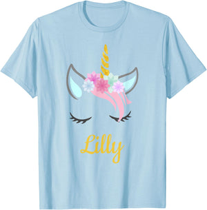 Lilly White Unicorn Name T-Shirt - T-Shirt | Light Blue