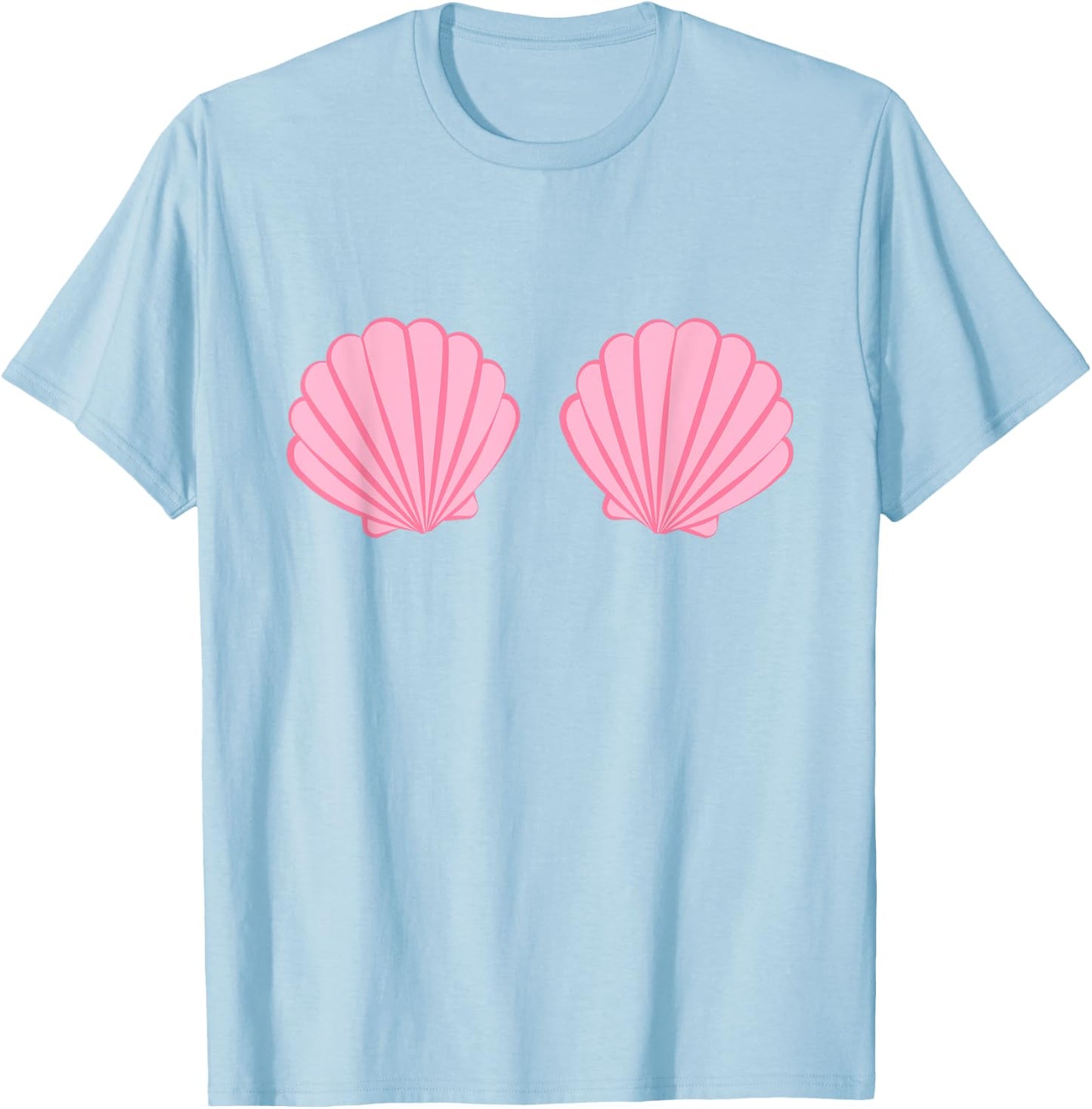 Mermaid Pink Seashell Bra Cartoon Graphic T-Shirt - T-Shirt | Light Blue