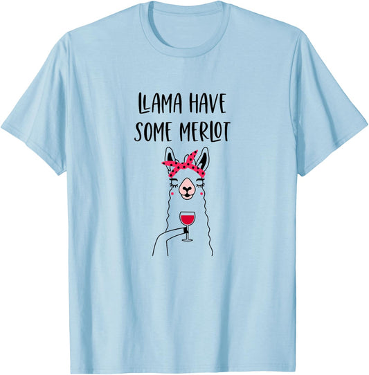 Funny Llama Wine Llama Have Some Merlot Graphic T-Shirt - T-Shirt | Light Blue