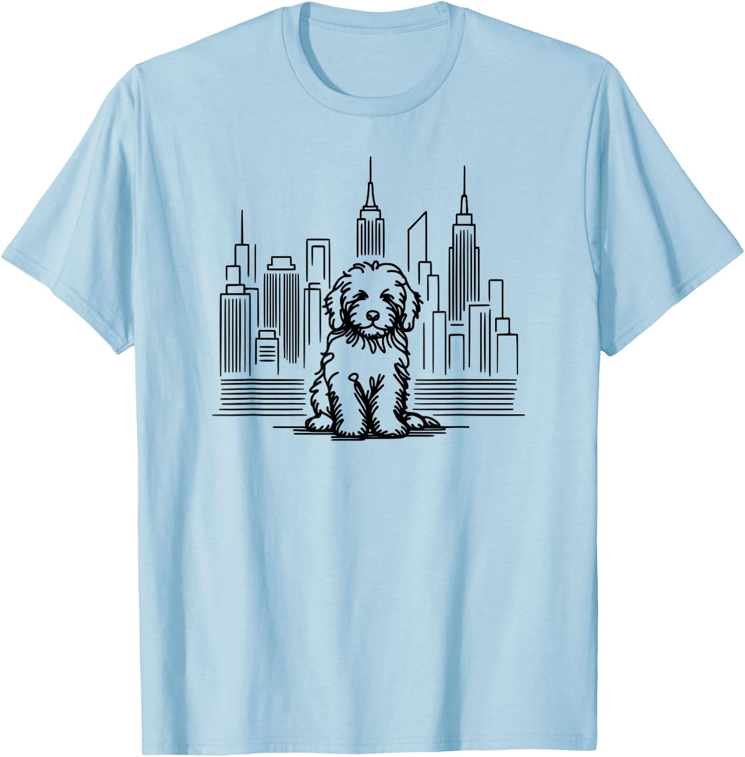 Goldendoodle dog in New York City line art, NYC skyline T-Shirt - T-Shirt | Light Blue