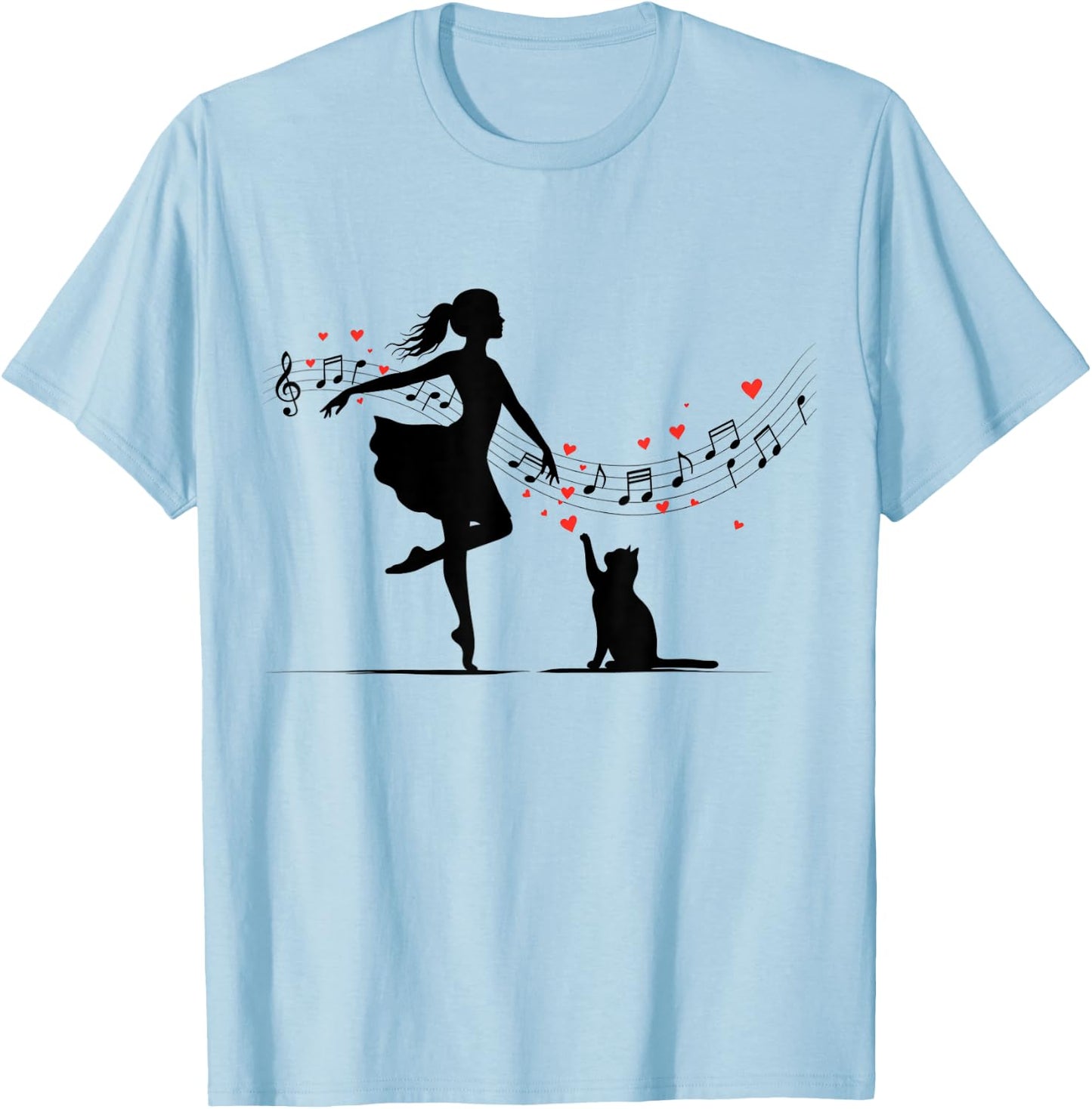 Cute Girl And Cat Dance With Musical Notes And Hearts T-Shirt - T-Shirt | Light Blue