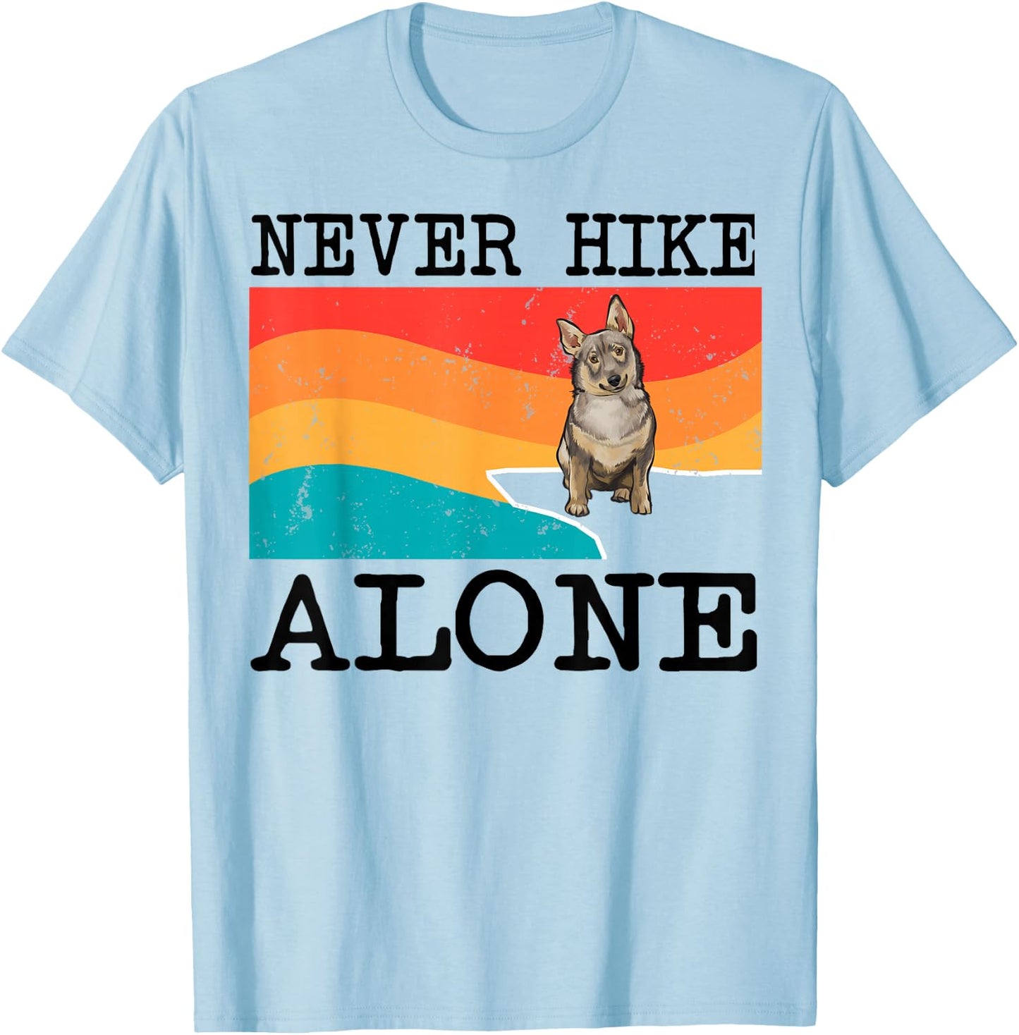 Never Hike Alone Swedish Vallhund Graphic Hiking T-Shirt - T-Shirt | Light Blue