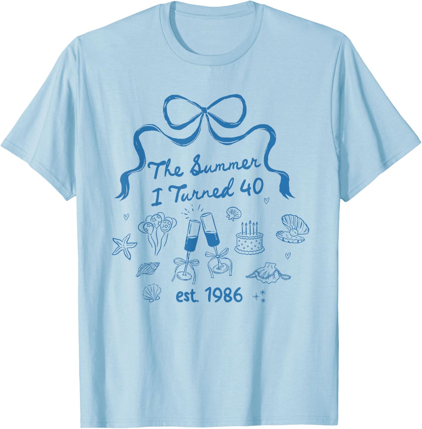 Summer I Turned Forty 40th Birthday Seashell Coastal Bow T-Shirt - T-Shirt | Light Blue