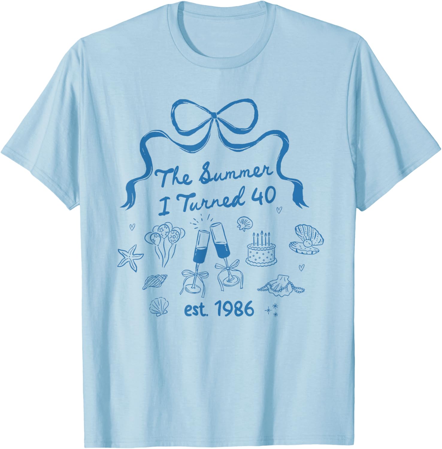 Summer I Turned Forty 40th Birthday Seashell Coastal Bow T-Shirt - T-Shirt | Light Blue