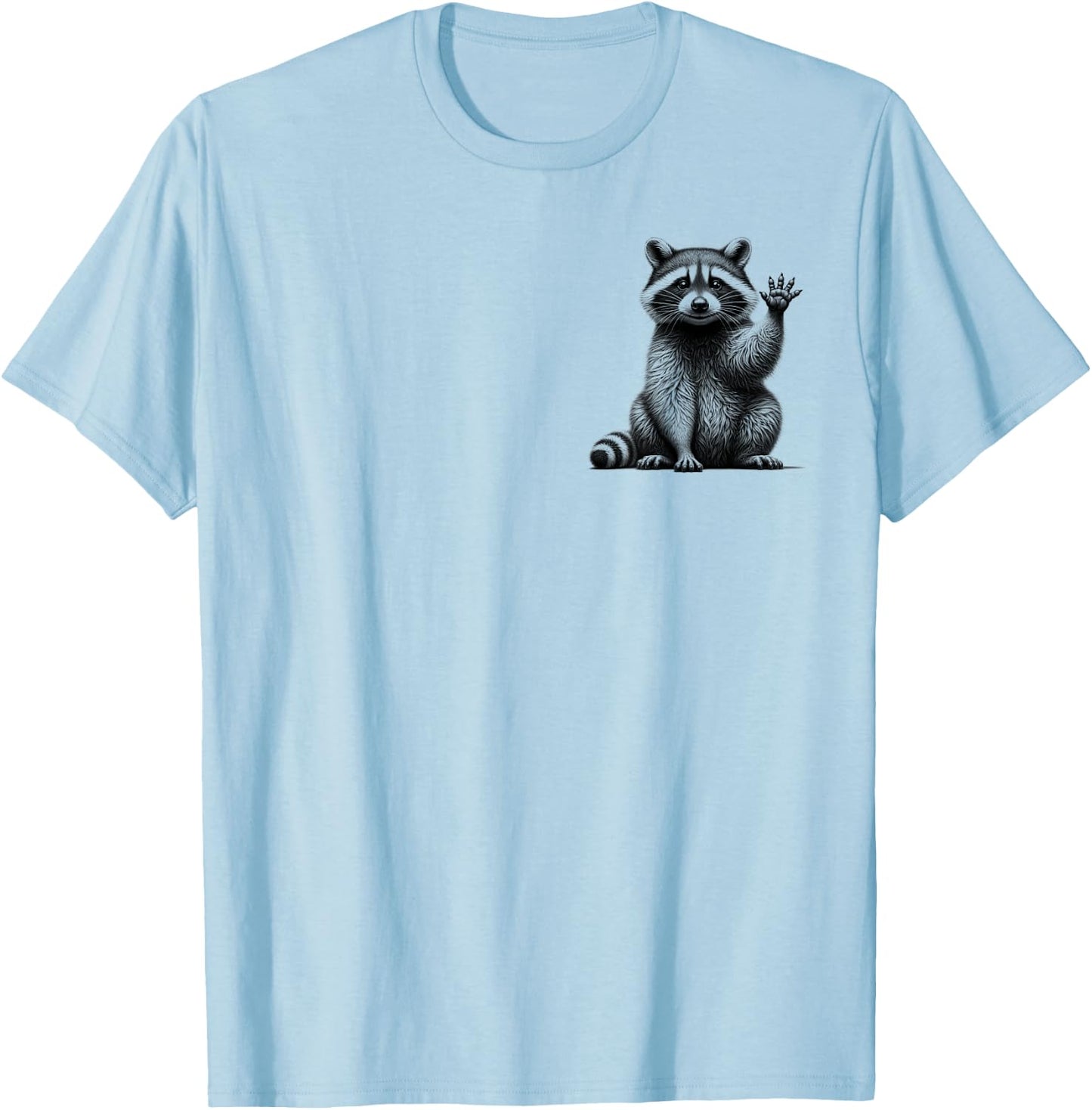 Cute Waving Raccoon Drawing Style on Chest , gray T-Shirt - T-Shirt | Light Blue
