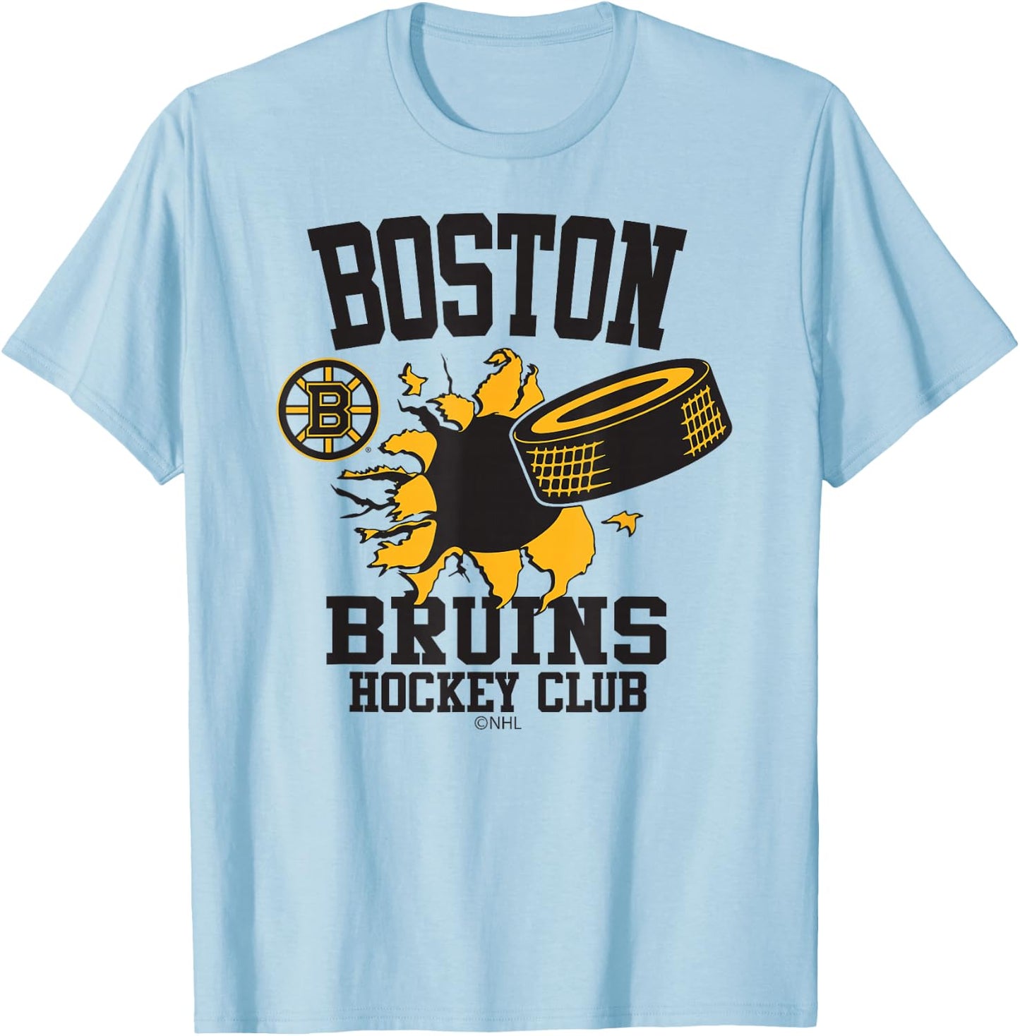 Boston Bruins Hockey Puck Burst White Officially Licensed T-Shirt - T-Shirt | Light Blue
