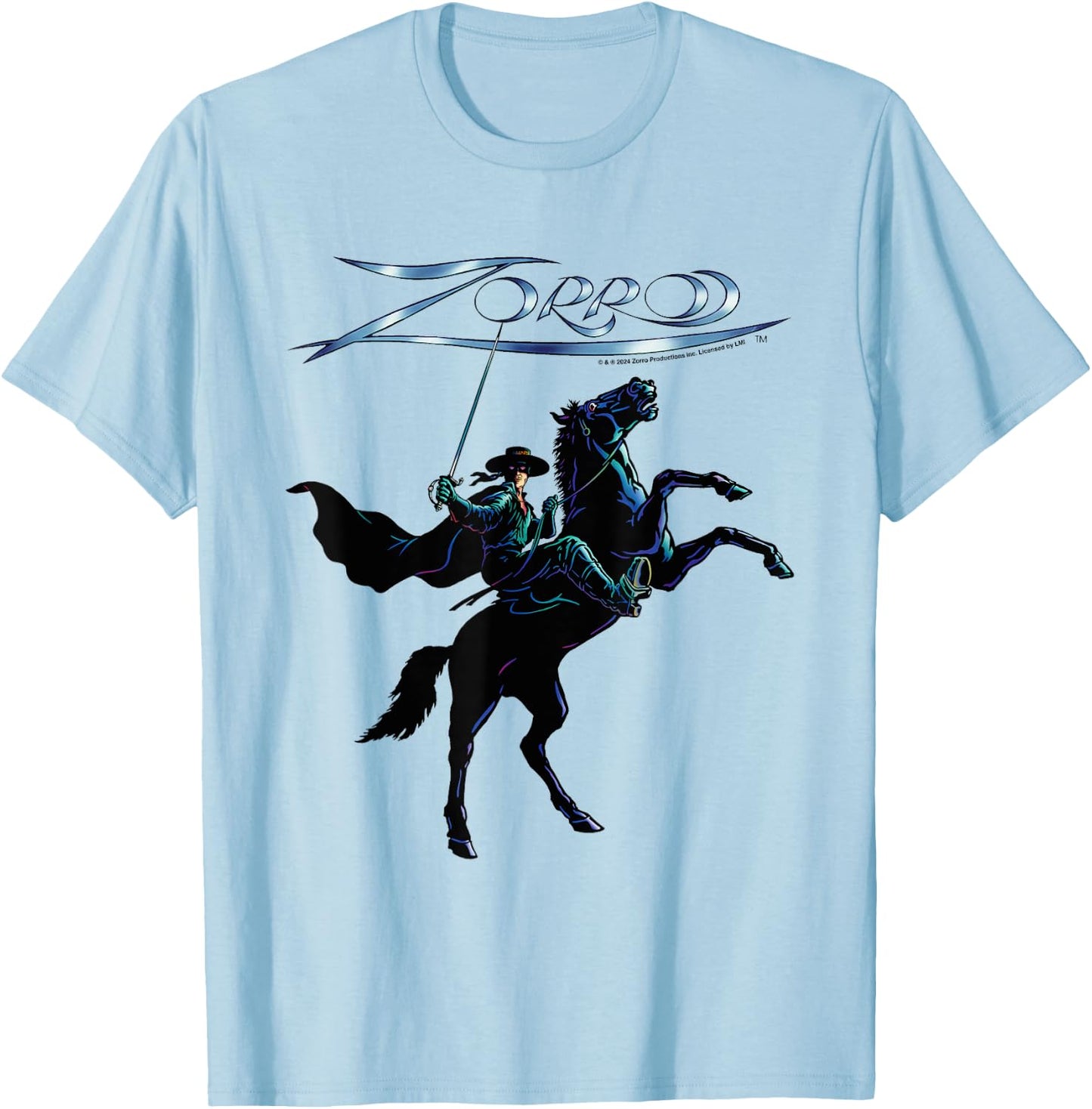 Zorro Horseback Steel Sword Text , white, S T-Shirt - T-Shirt | Light Blue