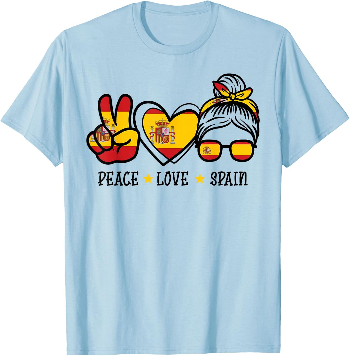 Peace Love Spain Messy Bun Spanish Soccer Fan Women Girls T-Shirt - T-Shirt | Light Blue