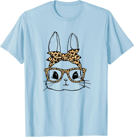 Cute Bunny Face Leopard Glasses Bandana Easter Christian T-Shirt - T-Shirt | Light Blue
