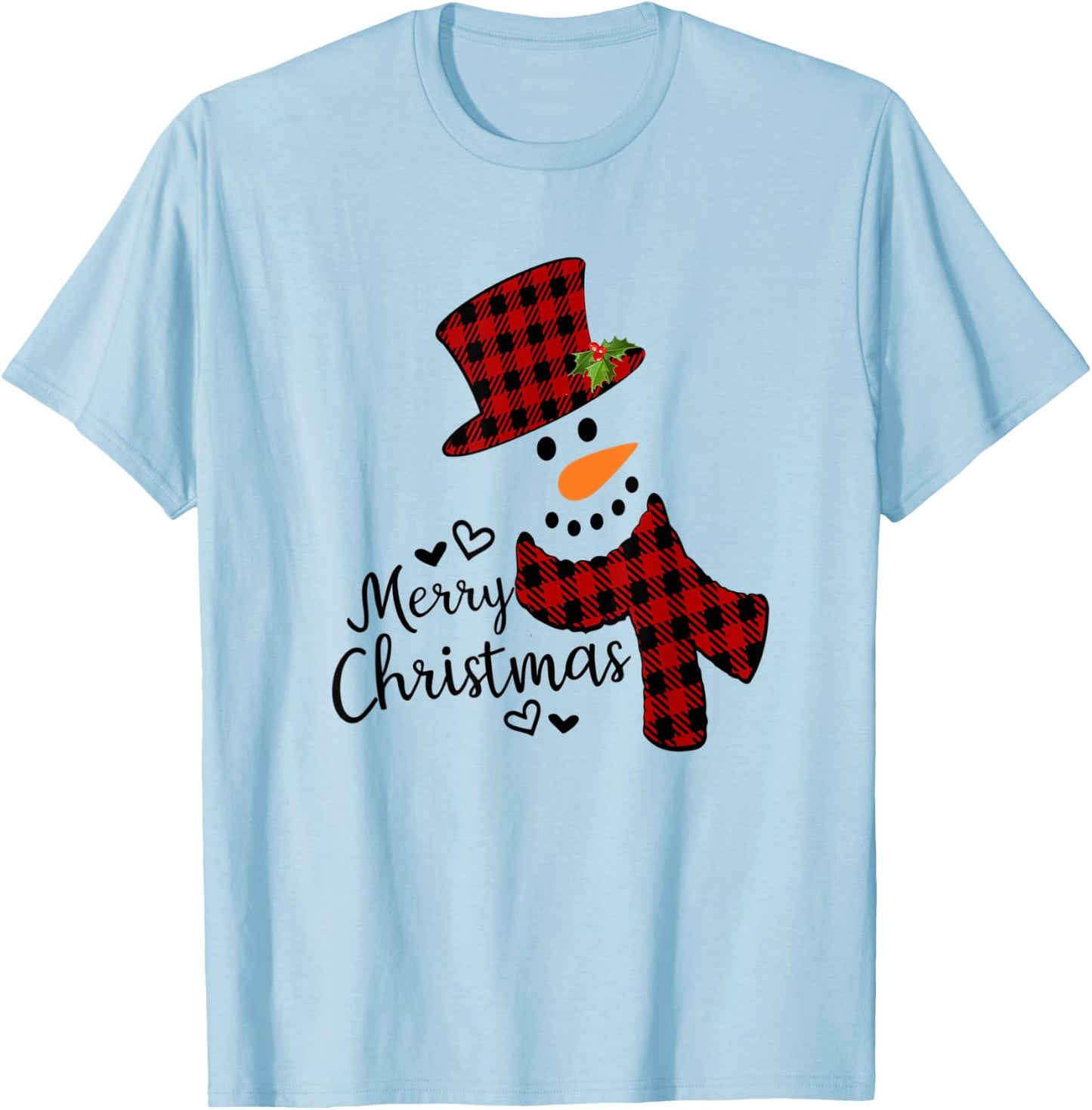 Merry Christmas Snowman Black And Red Buffalo Plaid T-Shirt - T-Shirt | Light Blue
