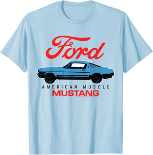 Ford Blue Mustang American Muscle Car with Red Logo , White T-Shirt - T-Shirt | Light Blue