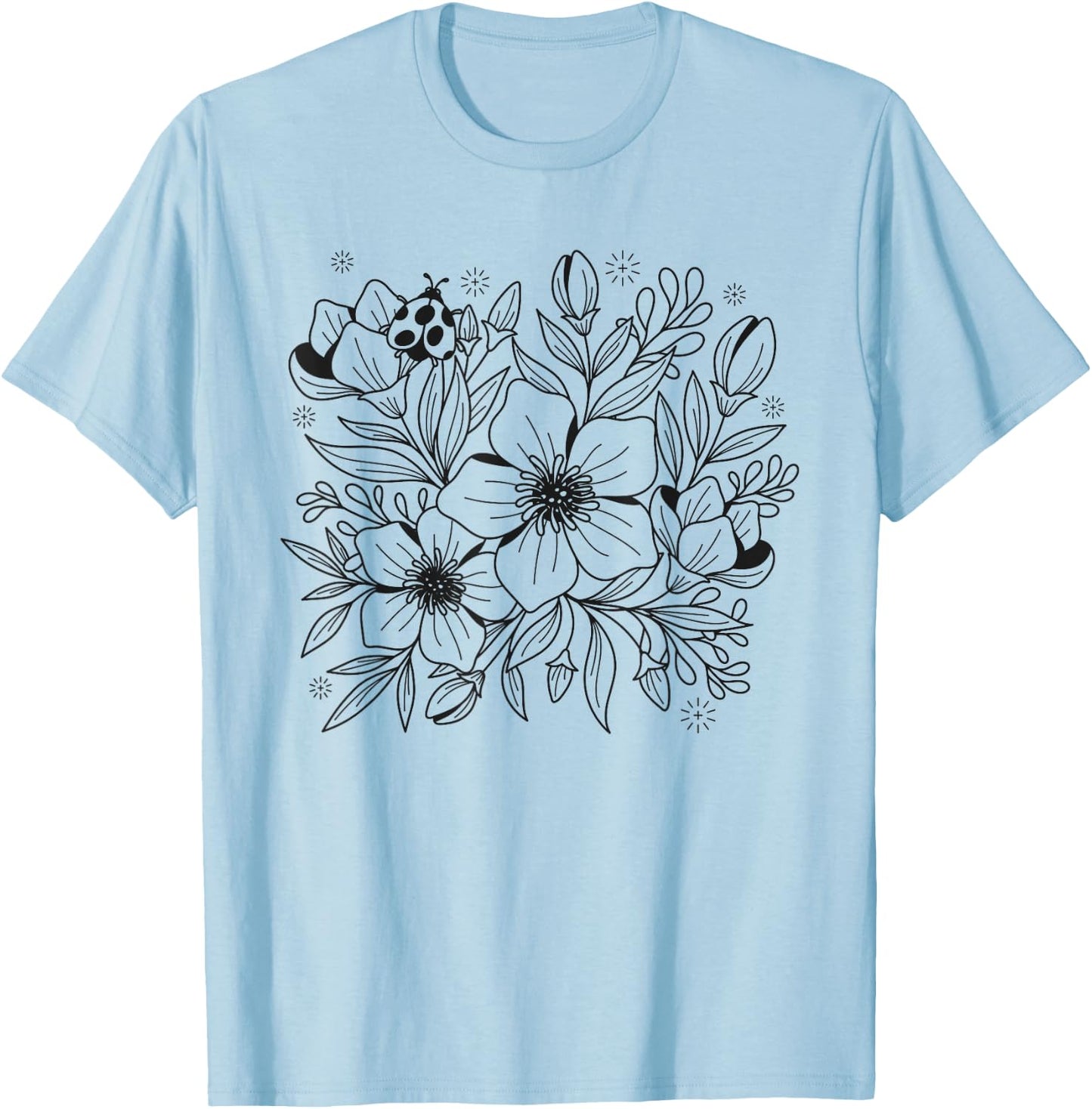 Adult Coloring Book Flowers and Ladybug T-Shirt - T-Shirt | Light Blue