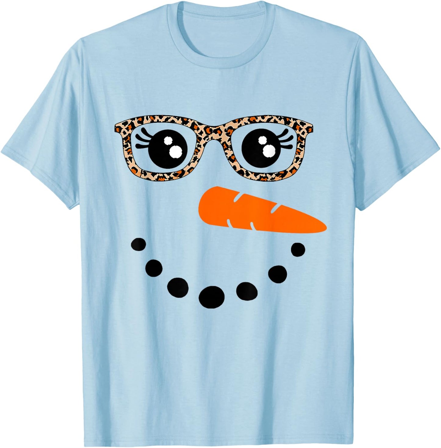 Winter Snowman Face Leopard Eyelashes Christmas Girls T-Shirt - T-Shirt | Light Blue