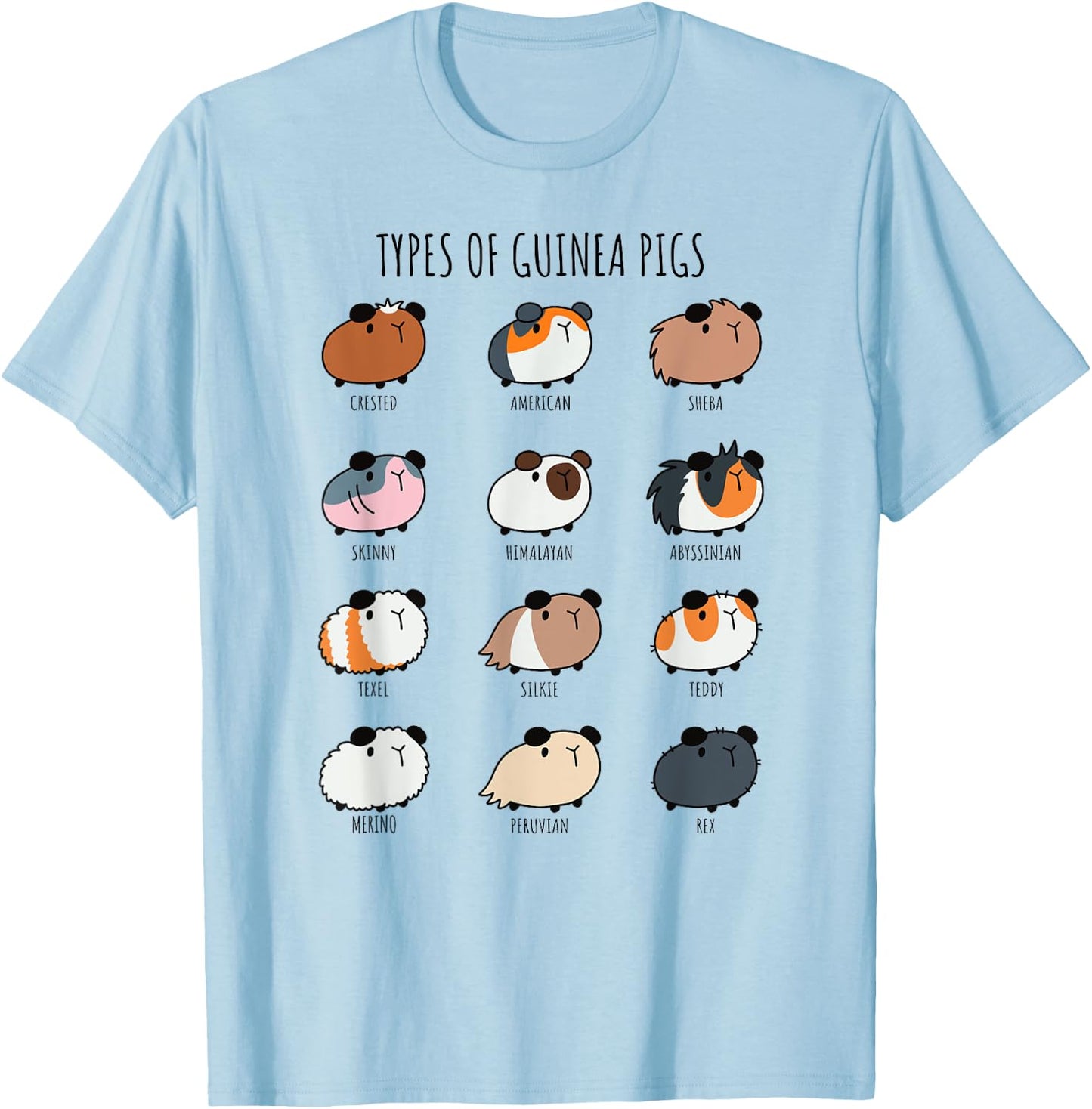Cute Types of Guinea Pigs Abyssinian Silkie and Texel T-Shirt - T-Shirt | Light Blue