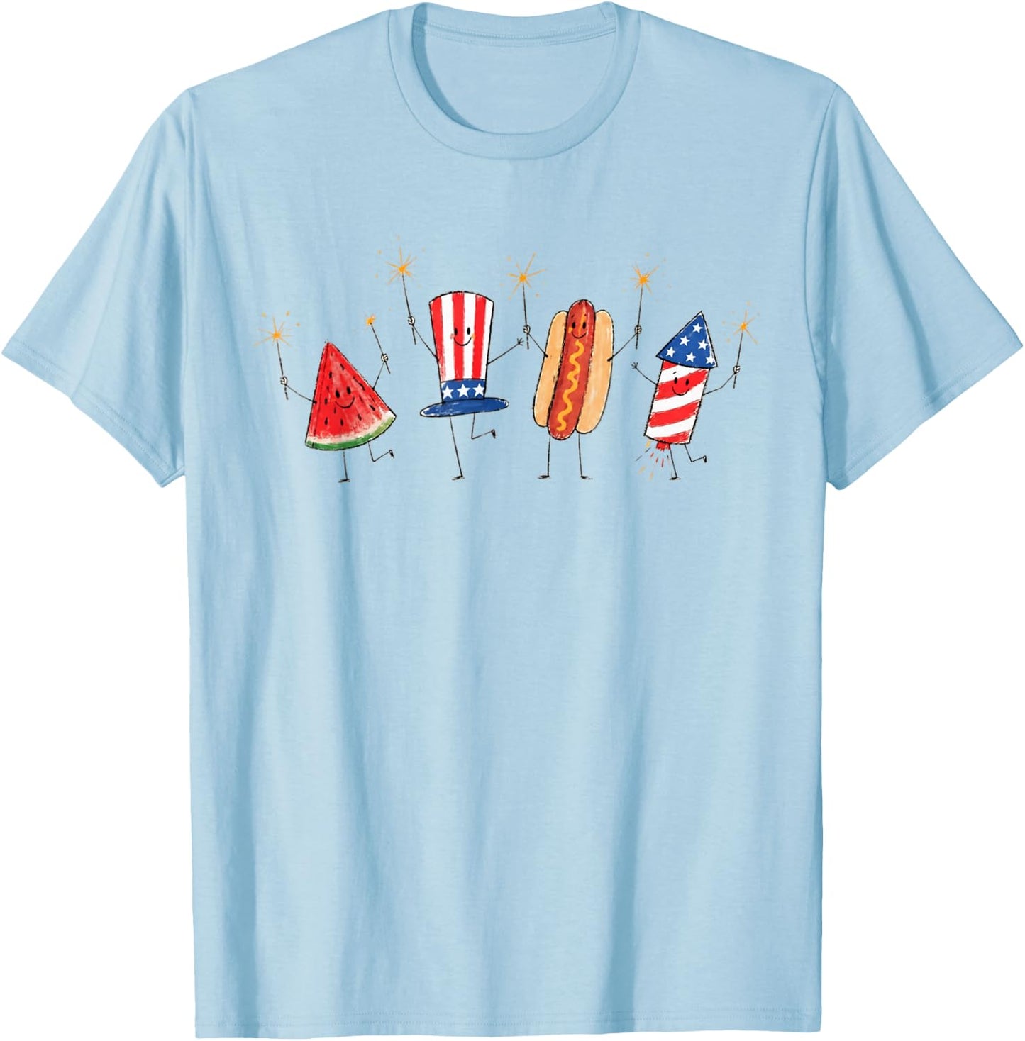 Patriotic Doodle Fourth of July Watermelon Hot Dog Firework T-Shirt - T-Shirt | Light Blue