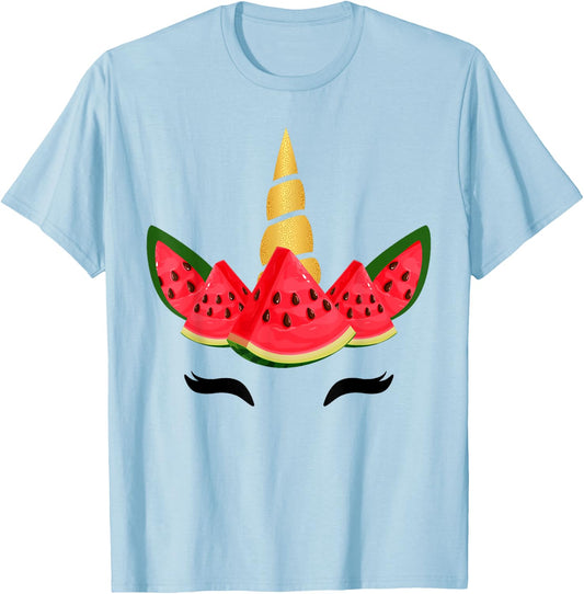 Cute Unicorn Face & Watermelon Slice Summer Vacation Kids T-Shirt - T-Shirt | Light Blue