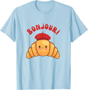 Bonjour Cute Croissant France Girls French Accents Funny T-Shirt - T-Shirt | Light Blue