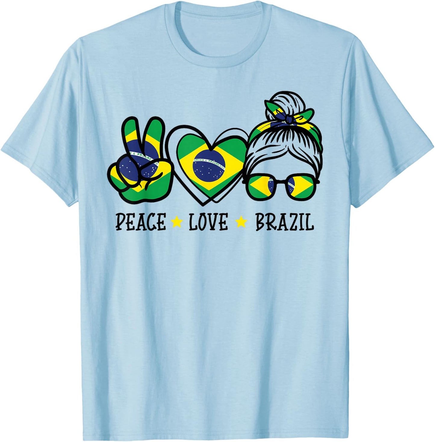 Peace Love Brazil Messy Bun Soccer Fan Women Girls Kids T-Shirt - T-Shirt | Light Blue