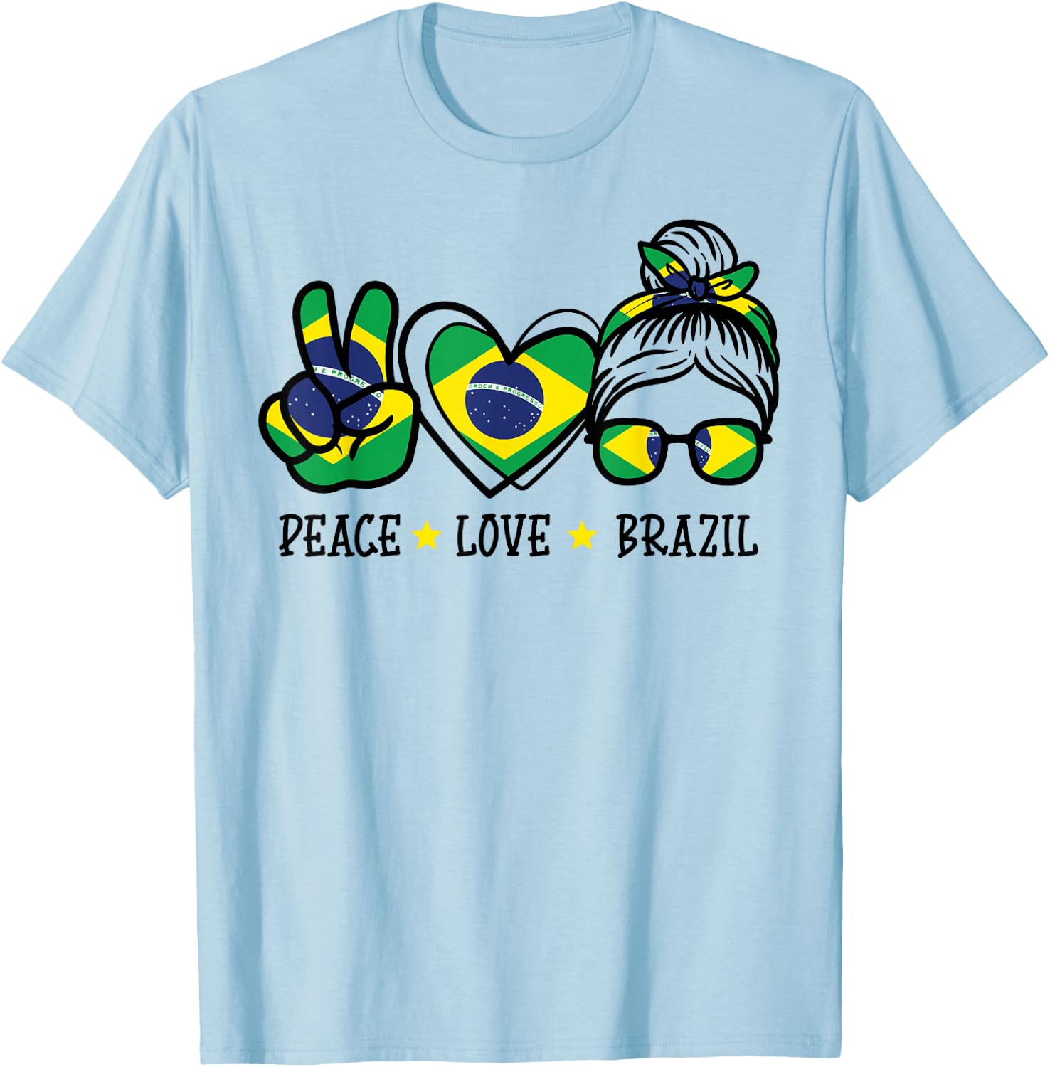 Peace Love Brazil Messy Bun Soccer Fan Women Girls Kids T-Shirt - T-Shirt | Light Blue
