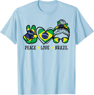 Peace Love Brazil Messy Bun Soccer Fan Women Girls Kids T-Shirt - T-Shirt | Light Blue