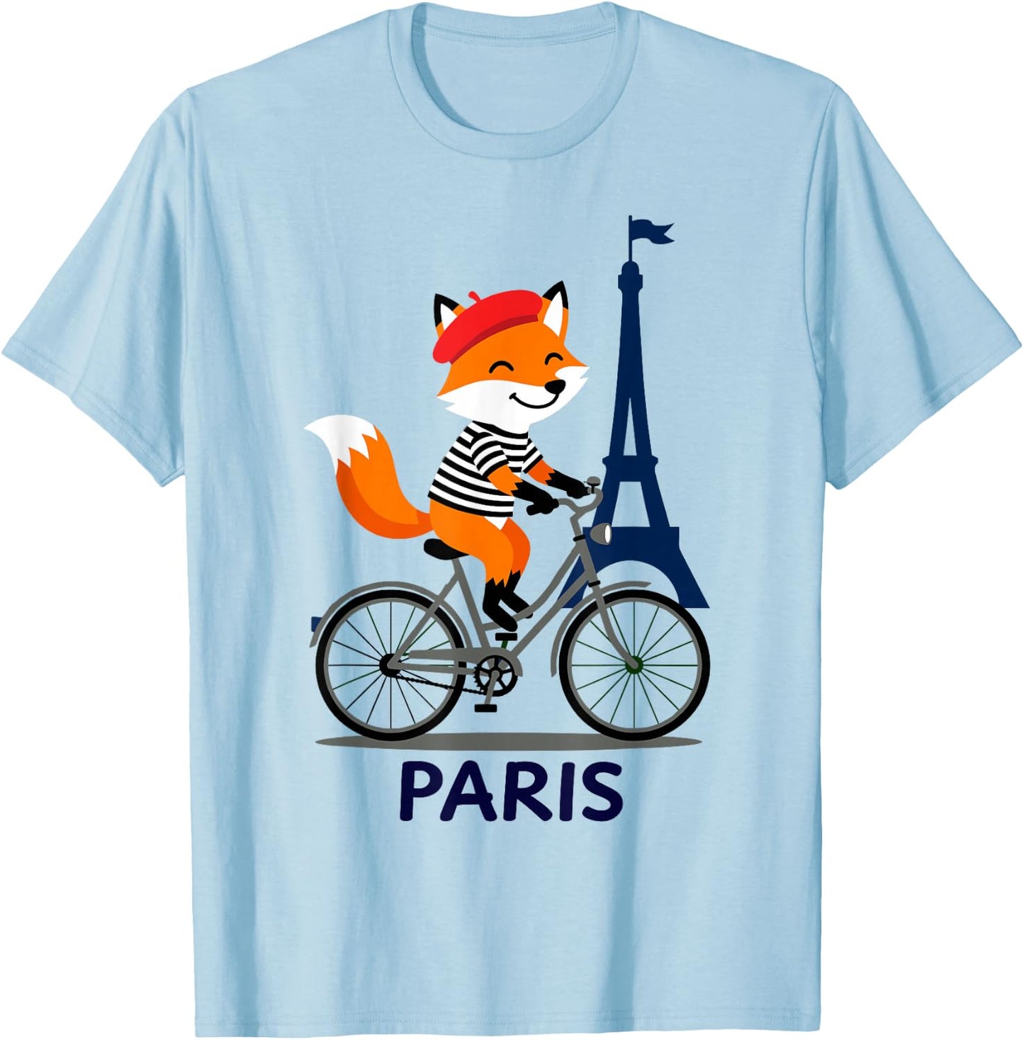 Cute Fox in Beret Cycling, Eiffel Tower Paris French Lover T-Shirt - T-Shirt | Light Blue