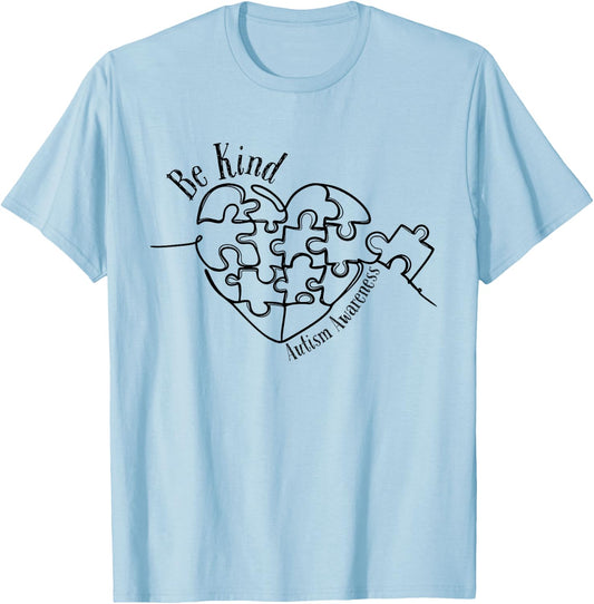 Autism Awareness Be Kind, Heart Puzzle T-Shirt - T-Shirt | Light Blue