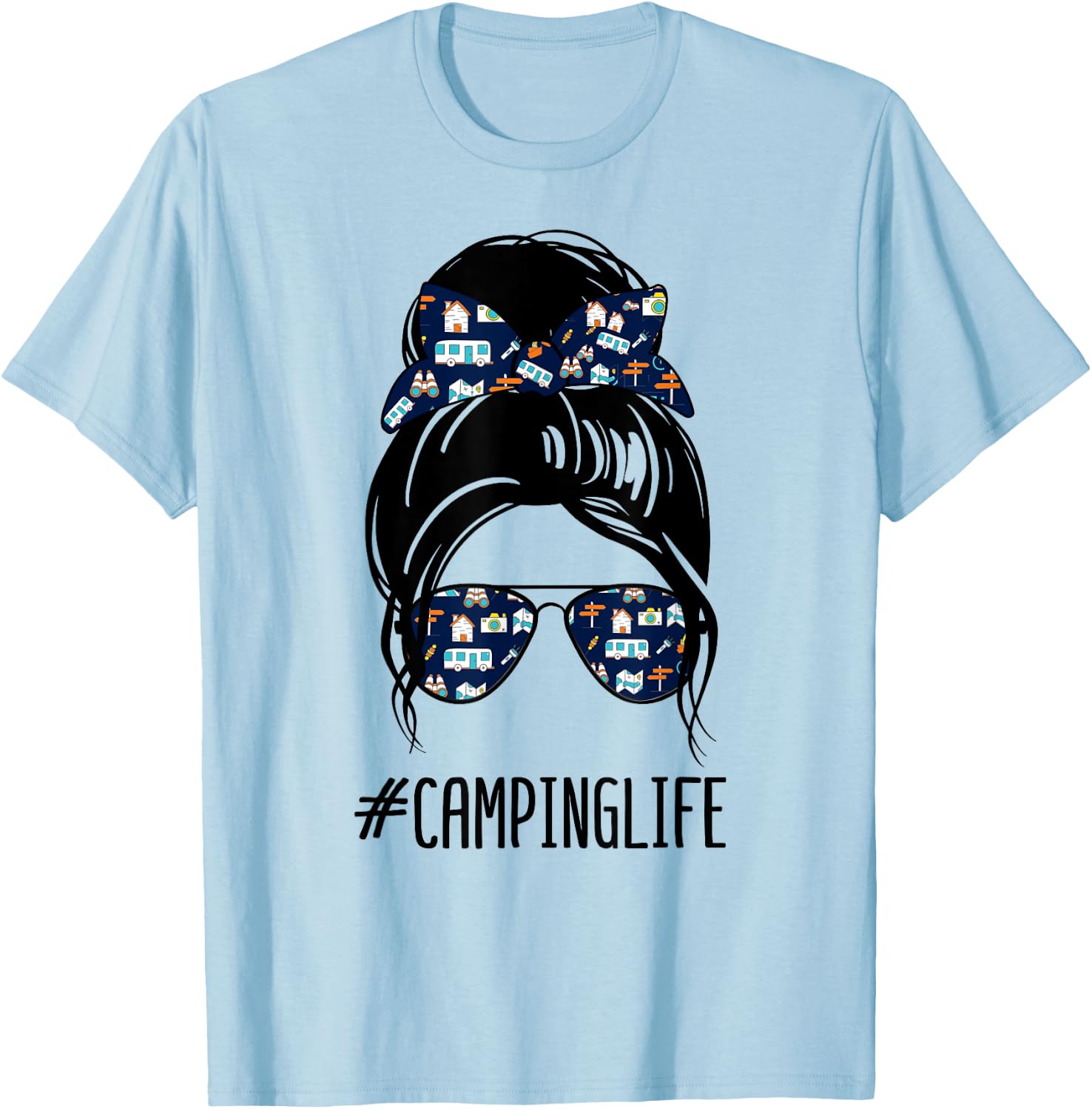 Camping Life Messy Bun Hair shirt Camper camp Camping T-Shirt - T-Shirt | Light Blue