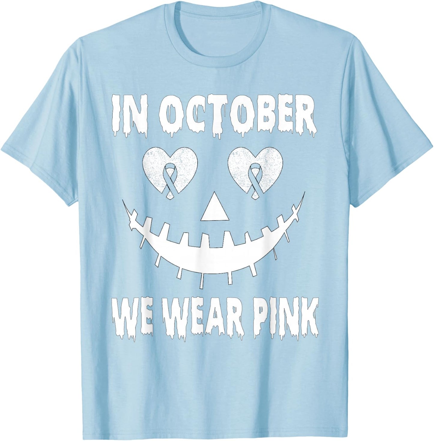 In October We Wear Pink Breast Cancer Jackolantern Halloween T-Shirt - T-Shirt | Light Blue