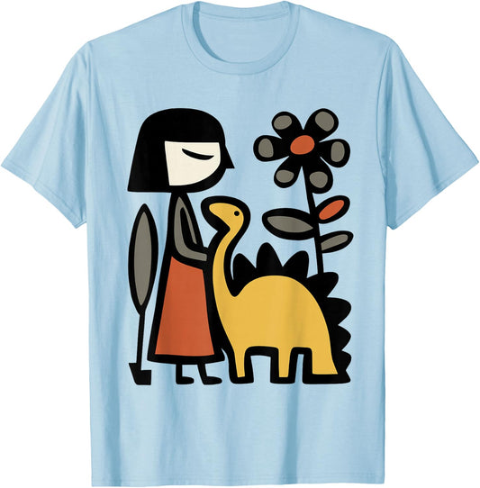 Woman with Baby Saurus Cute Dinosaur Illustration Women T-Shirt - T-Shirt | Light Blue