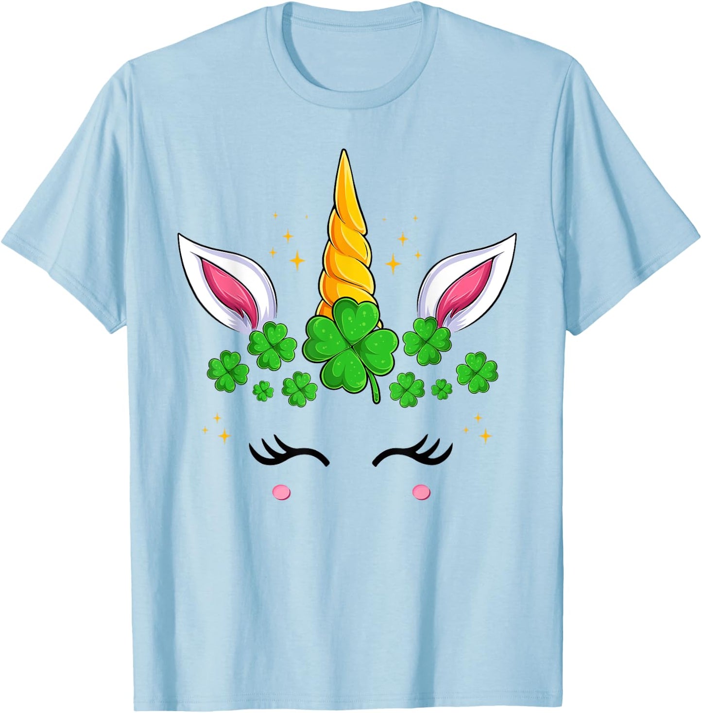 Unicorn Face Irish Shamrock Women Girls St Patrick's Day T-Shirt - T-Shirt | Light Blue