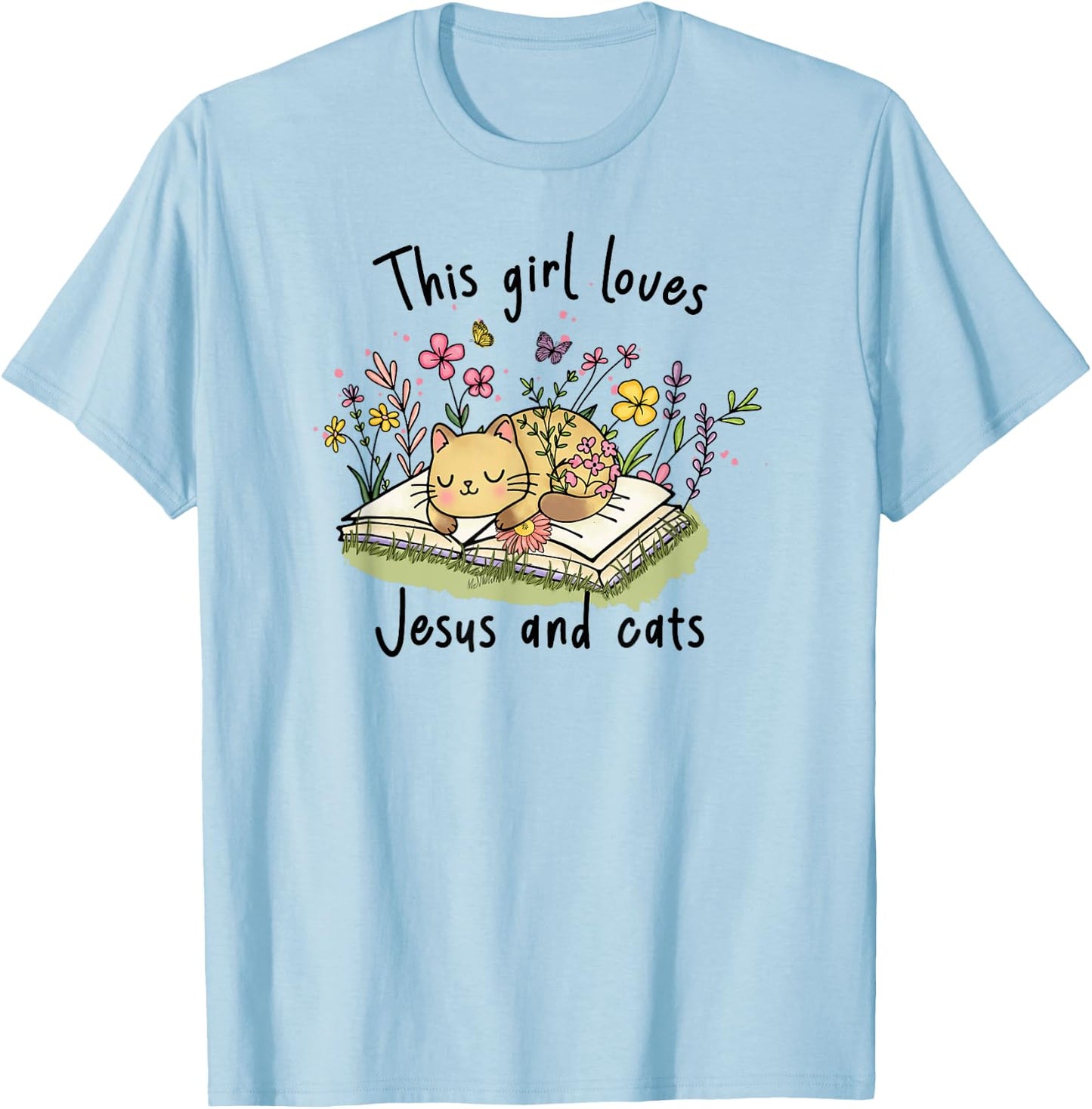 This Girl Loves Jesus And Cats Cute Christian T-Shirt - T-Shirt | Light Blue
