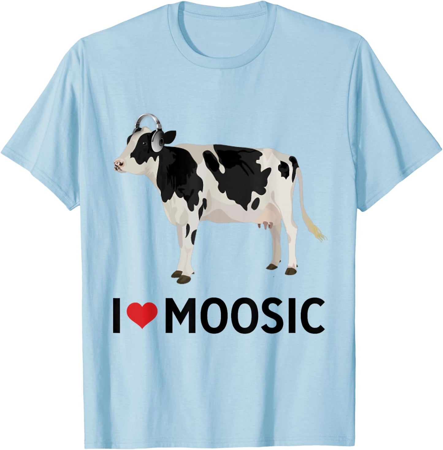 I Love Music Headphones Cow "I Heart Moosic" Funny Pun T-Shirt - T-Shirt | Light Blue