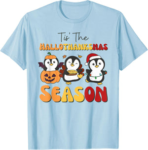 Penguin Christmas Halloween Tis' The Hallothanksmas Season T-Shirt - T-Shirt | Light Blue