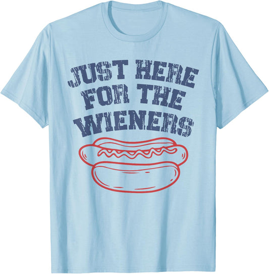 Just Here for The Wieners Hot Dog American 250th 4th of July T-Shirt - T-Shirt | Light Blue