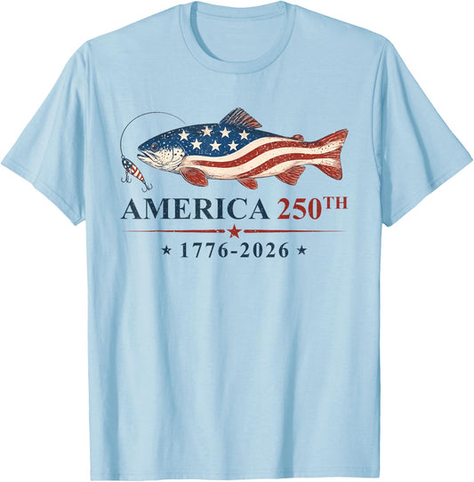 250 America Years 1776 2026 Fishing USA Flag 250th Birthday T-Shirt - T-Shirt | Light Blue